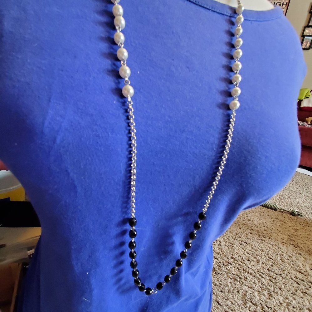 36" Silver Tone Glass and Faux Pearl Strand Necklace Rachel Jewelry Simple Style